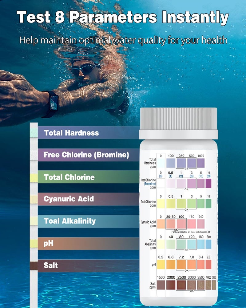 Pawfly 8 in 1 Pool Test Strips, 150 Pool Spa and Hot Tub Test Strips, Quick Accurate Strips, Pool Water Testing Kit for pH Free Chlorine Total Chlorine Hardness Bromine Cyanuric Acid Alkalinity & Salt - Image 3